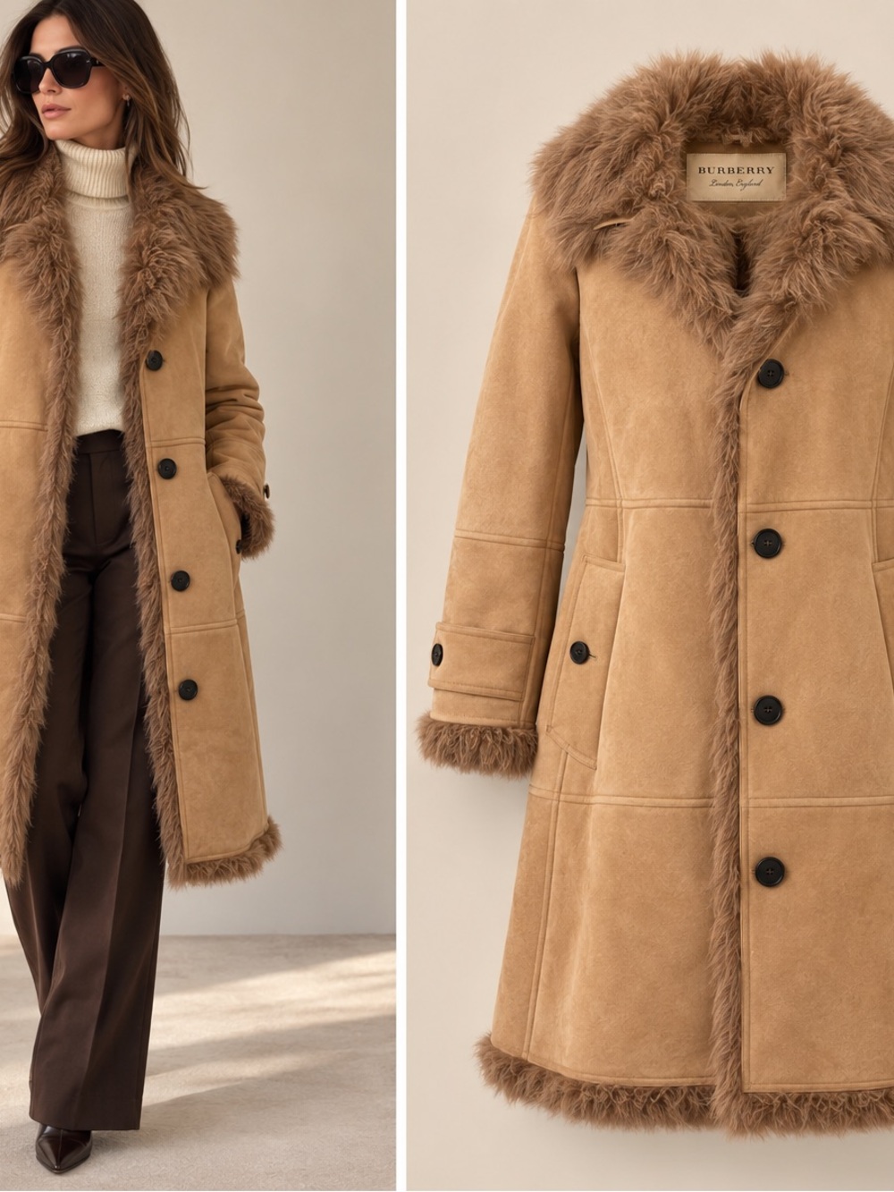 Burberry London Camel Lamb Shearling Long Coat US 2 Made in Italy
